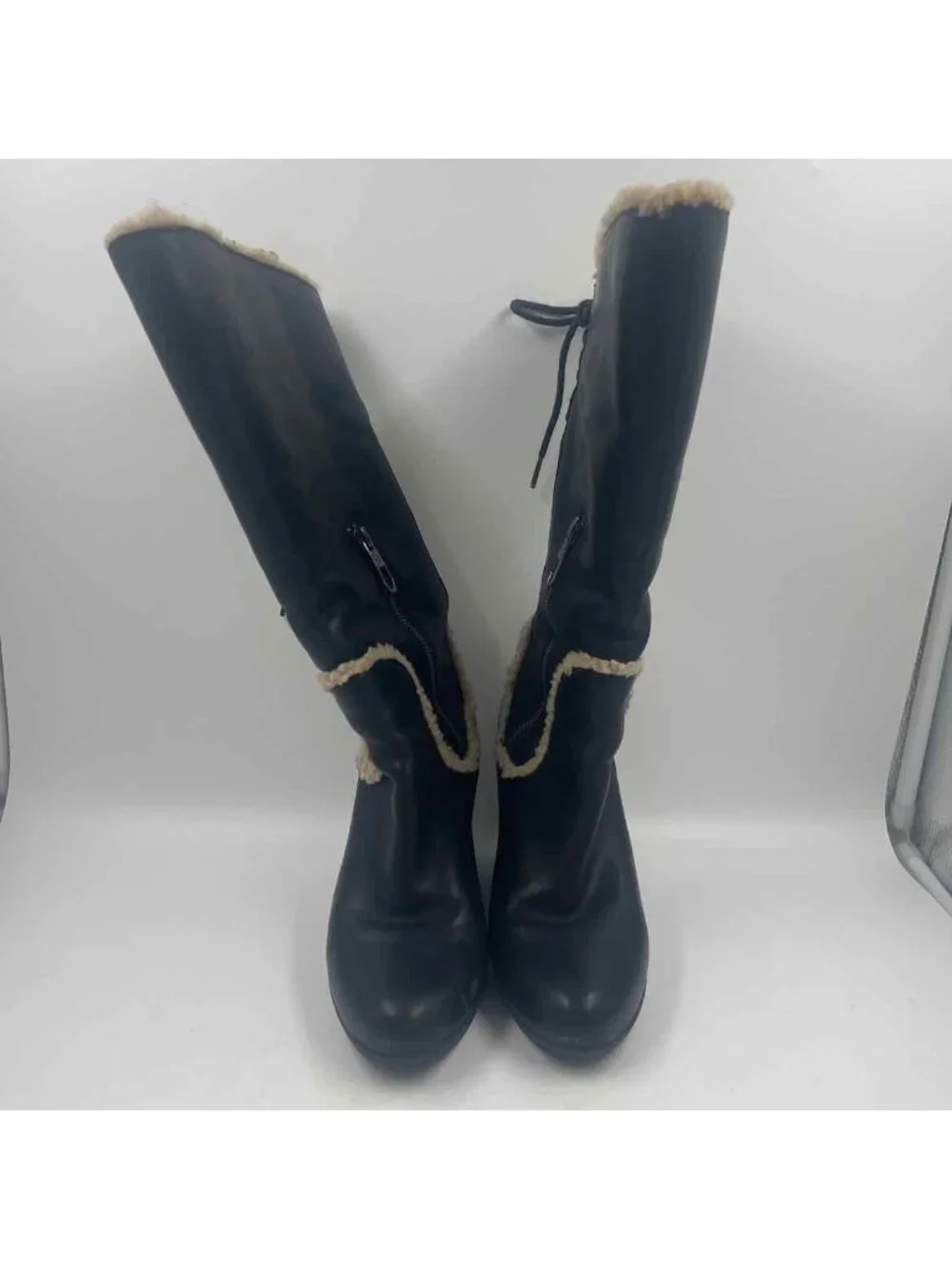 Ugg Emilie Sherpa Leather Women's Tall Size 7 Black Wedge Solid Boots